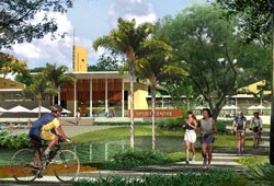 Urban Forest dengan latar belakang Sport Center